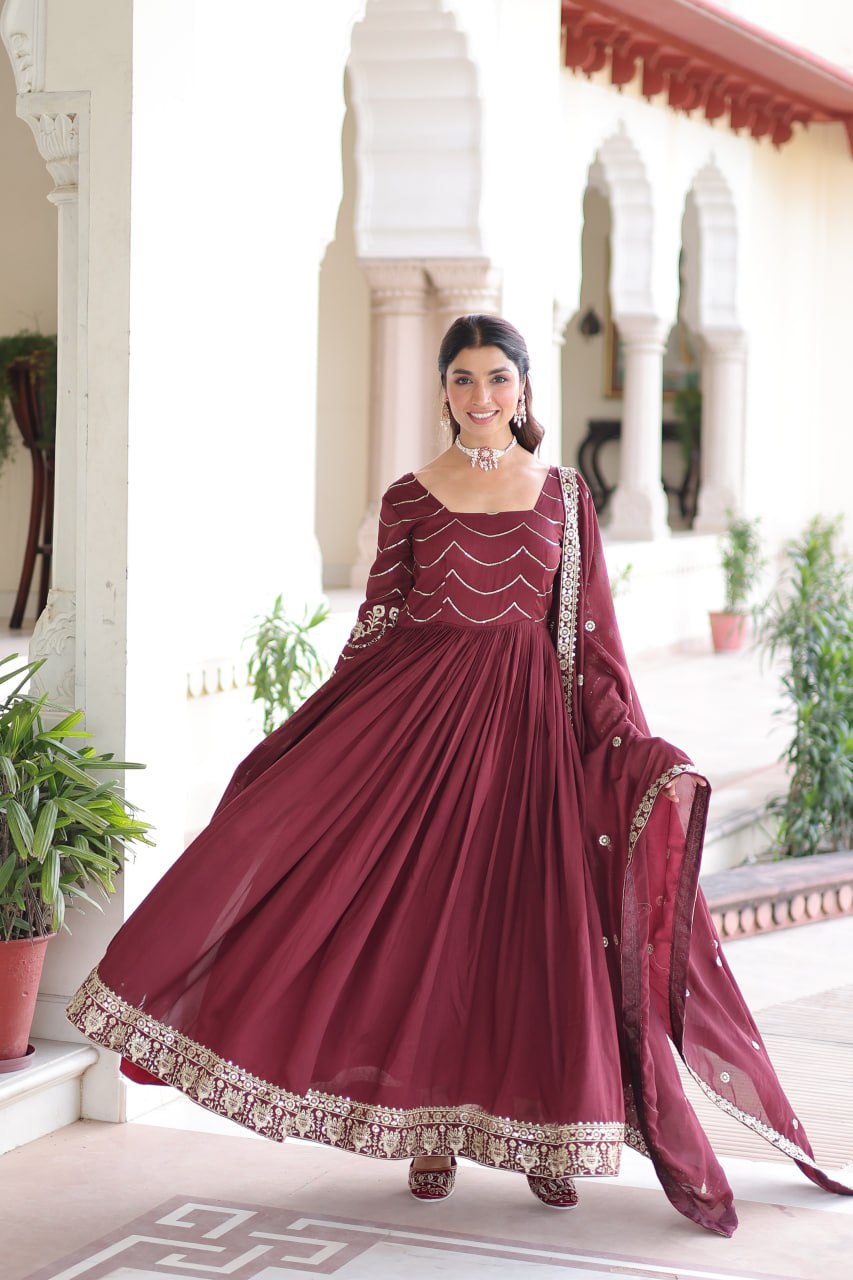 Evanik Designer Vichitra Silk with Rich Embroidered Zari & Thread Work Gown Dupatta | Grocsy