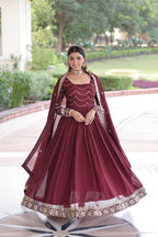 Evanik Designer Vichitra Silk with Rich Embroidered Zari & Thread Work Gown Dupatta | Grocsy