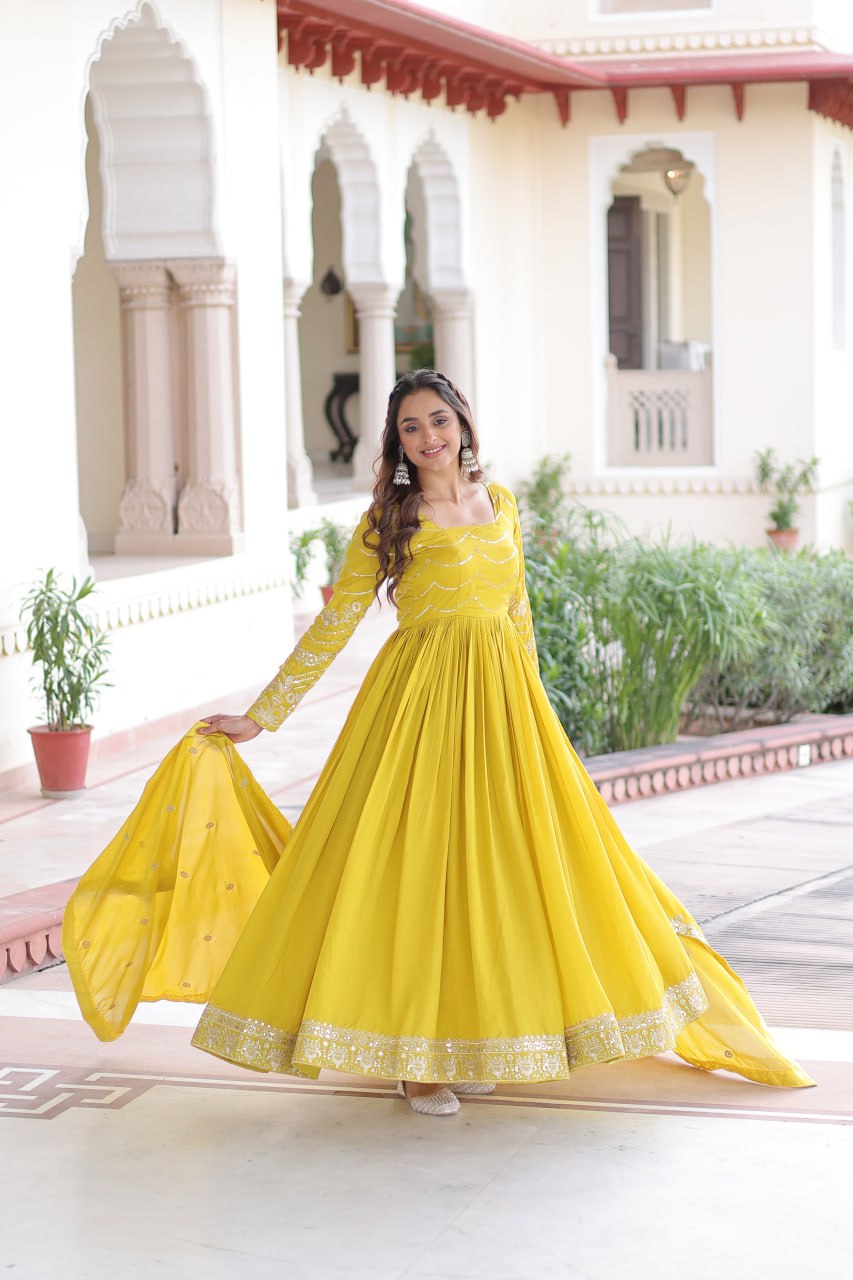 Evanik Designer Vichitra Silk with Rich Embroidered Zari & Thread Work Gown Dupatta | Grocsy