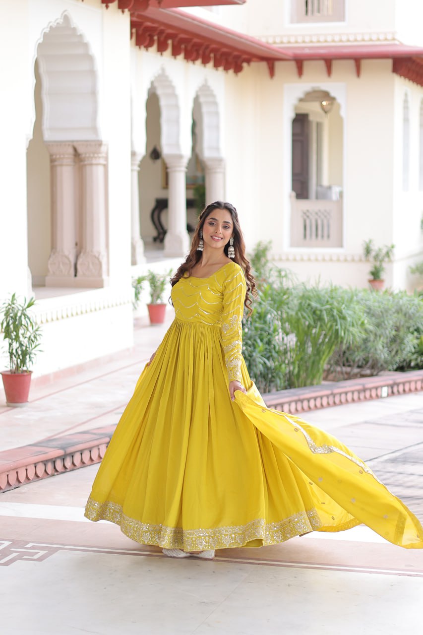Evanik Designer Vichitra Silk with Rich Embroidered Zari & Thread Work Gown Dupatta | Grocsy