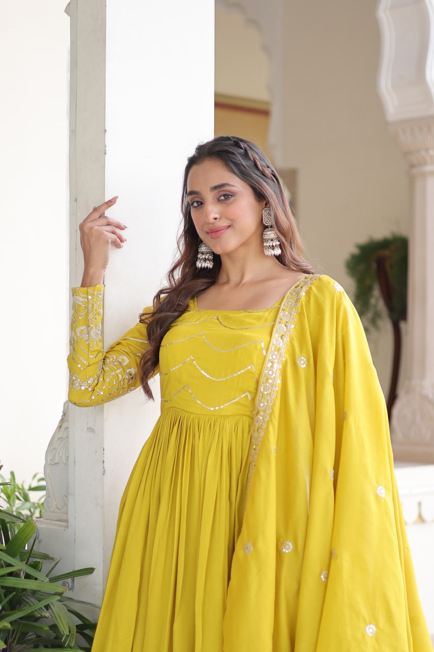 Evanik Designer Vichitra Silk with Rich Embroidered Zari & Thread Work Gown Dupatta | Grocsy