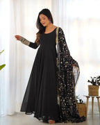 Lorenvalley Women Georgette Anarkali Gown Duppta Full Set With Pent Ready To Wear - Black | Grocsy