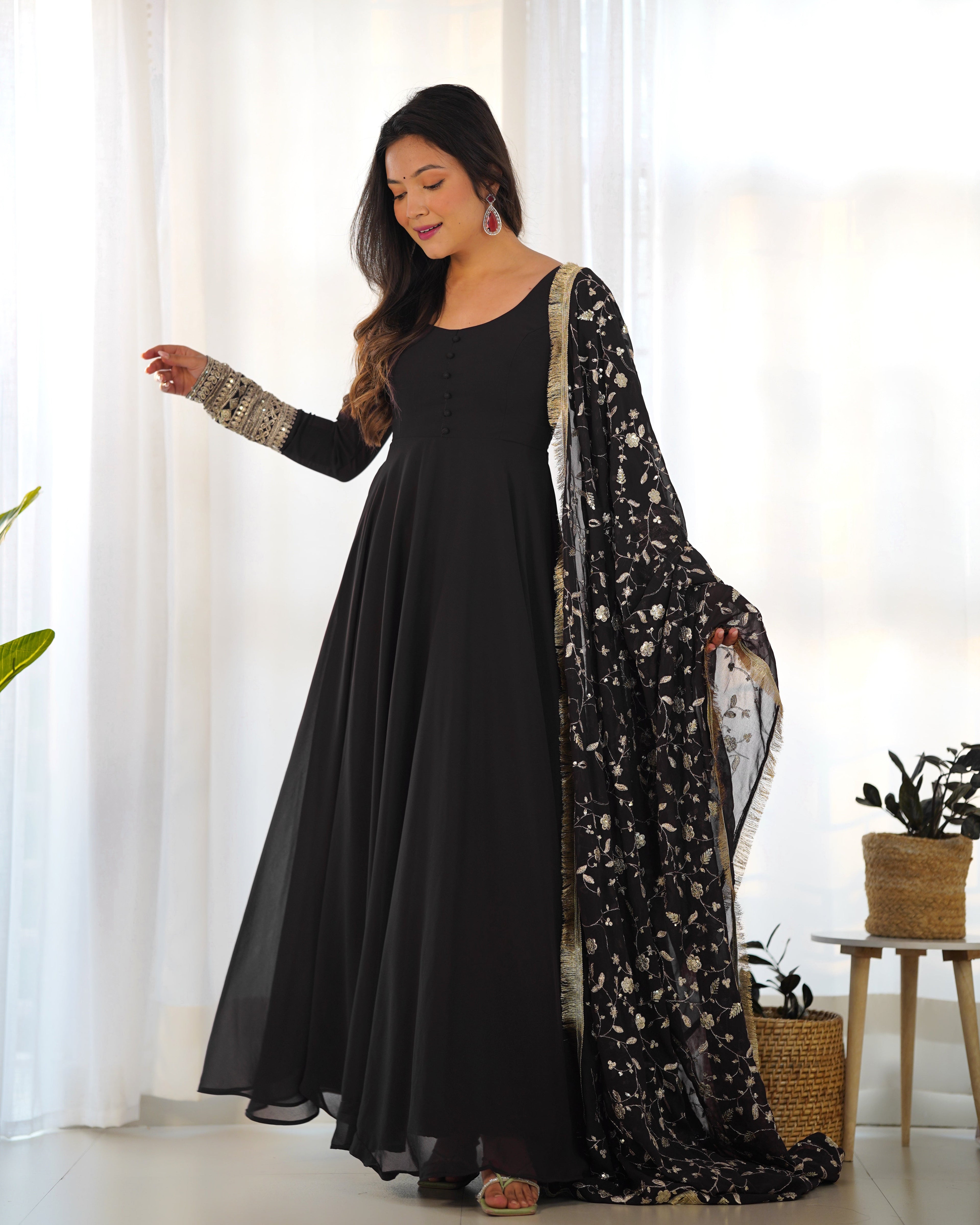 Lorenvalley Women Georgette Anarkali Gown Duppta Full Set With Pent Ready To Wear - Black | Grocsy