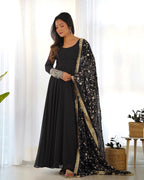 Lorenvalley Women Georgette Anarkali Gown Duppta Full Set With Pent Ready To Wear - Black | Grocsy