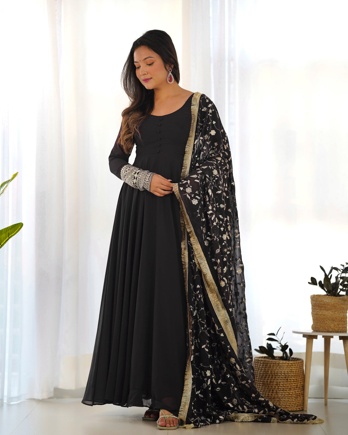 Lorenvalley Women Georgette Anarkali Gown Duppta Full Set With Pent Ready To Wear - Black | Grocsy