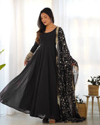 Lorenvalley Women Georgette Anarkali Gown Duppta Full Set With Pent Ready To Wear - Black | Grocsy