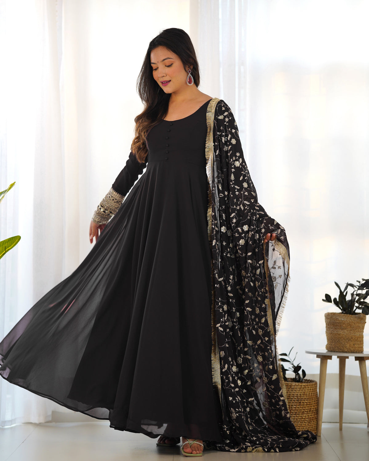 Lorenvalley Women Georgette Anarkali Gown Duppta Full Set With Pent Ready To Wear - Black | Grocsy