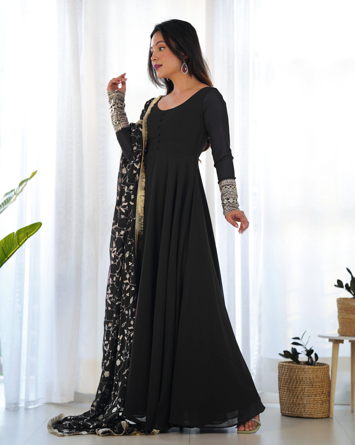 Lorenvalley Women Georgette Anarkali Gown Duppta Full Set With Pent Ready To Wear - Black | Grocsy