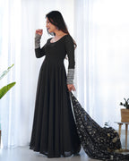 Lorenvalley Women Georgette Anarkali Gown Duppta Full Set With Pent Ready To Wear - Black | Grocsy