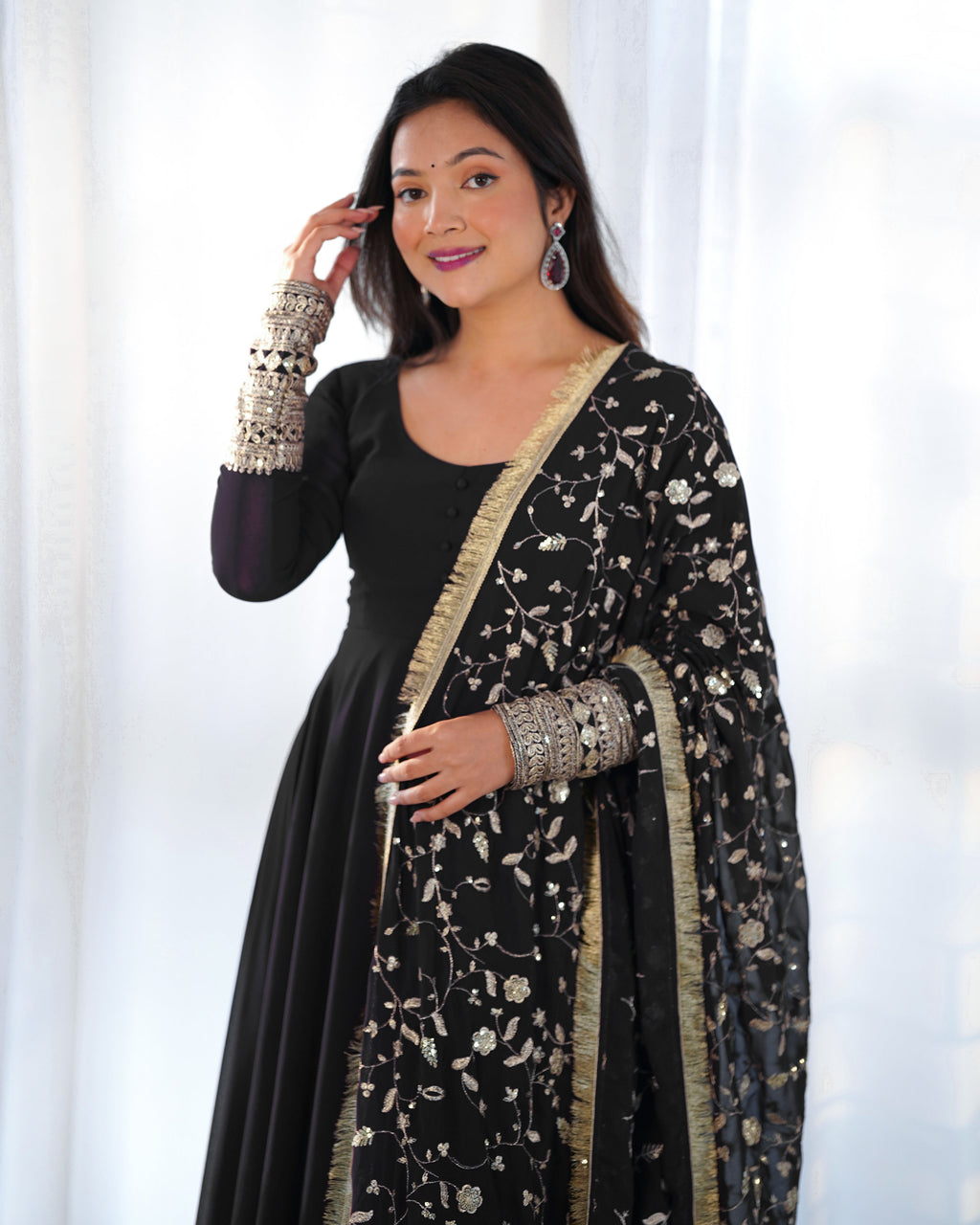 Lorenvalley Women Georgette Anarkali Gown Duppta Full Set With Pent Ready To Wear - Black | Grocsy