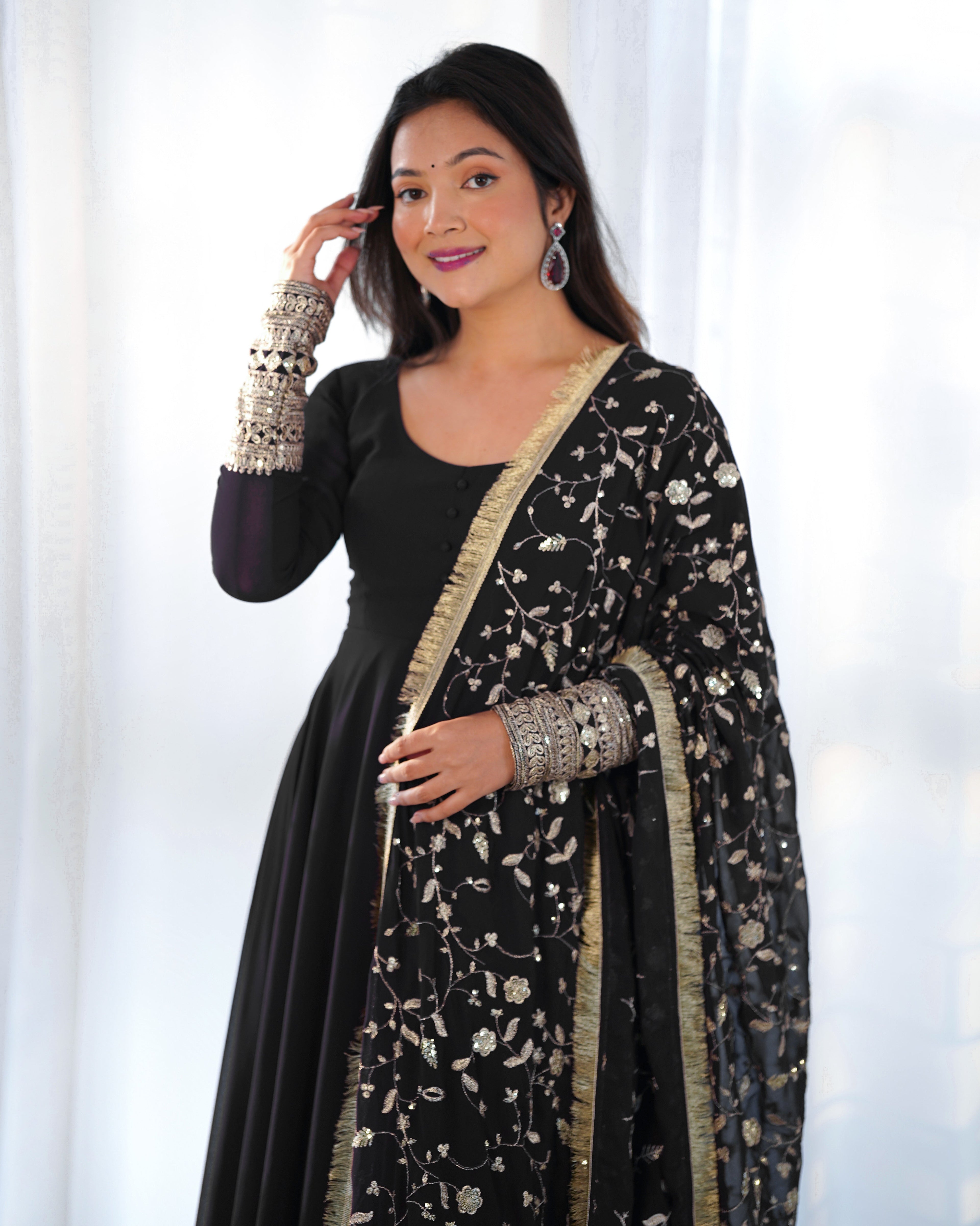 Lorenvalley Women Georgette Anarkali Gown Duppta Full Set With Pent Ready To Wear - Black | Grocsy