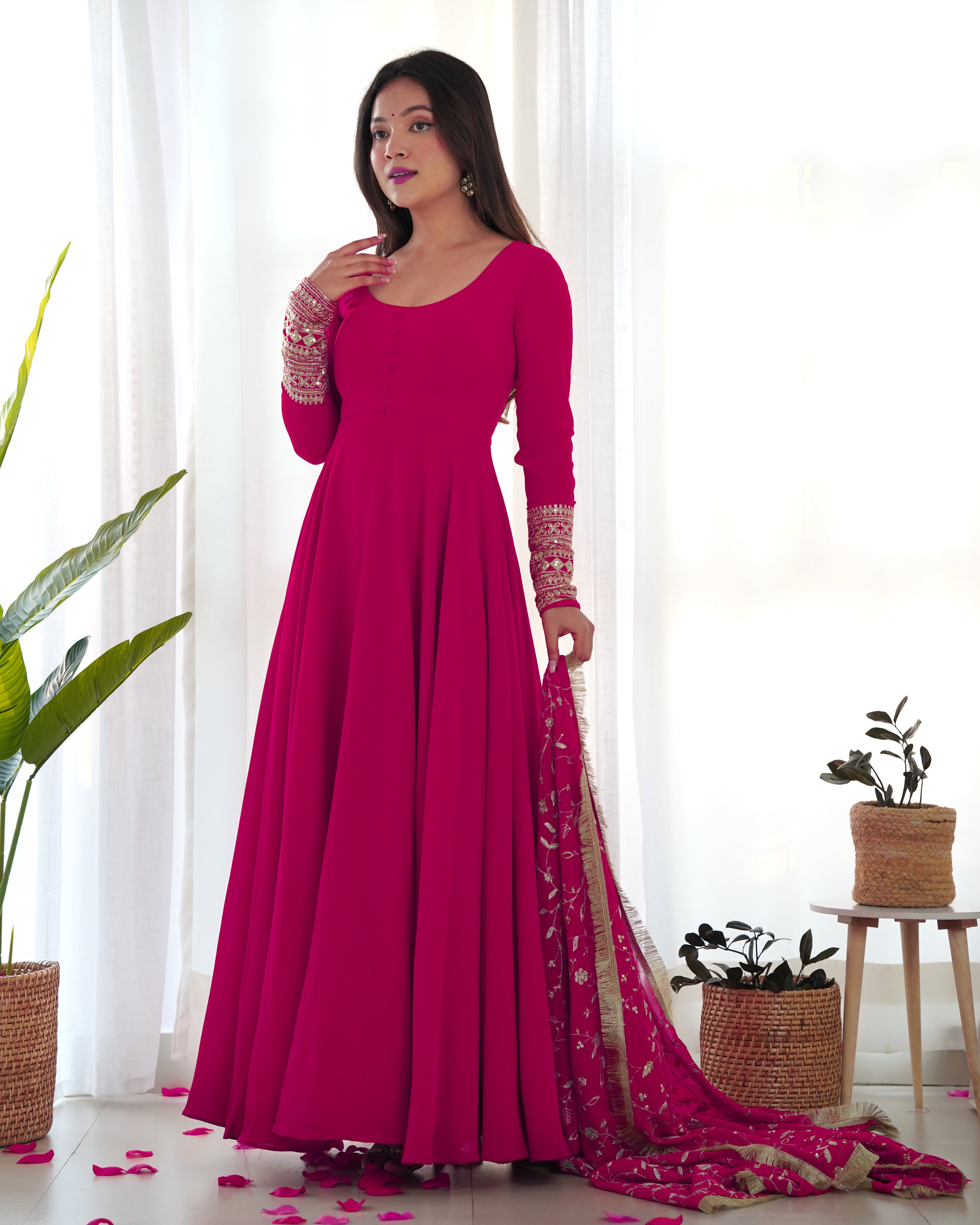 Lorenvalley Women Georgette Anarkali Gown Duppta Full Set With Pent Ready To Wear - Magenta | Grocsy