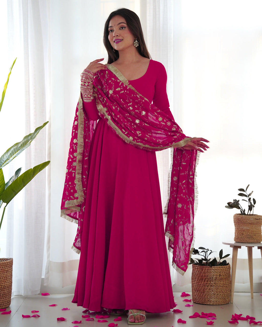 Lorenvalley Women Georgette Anarkali Gown Duppta Full Set With Pent Ready To Wear - Magenta | Grocsy
