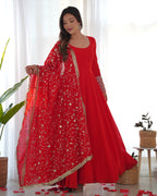 Lorenvalley Women Georgette Anarkali Gown Duppta Full Set With Pent Ready To Wear - Red | Grocsy