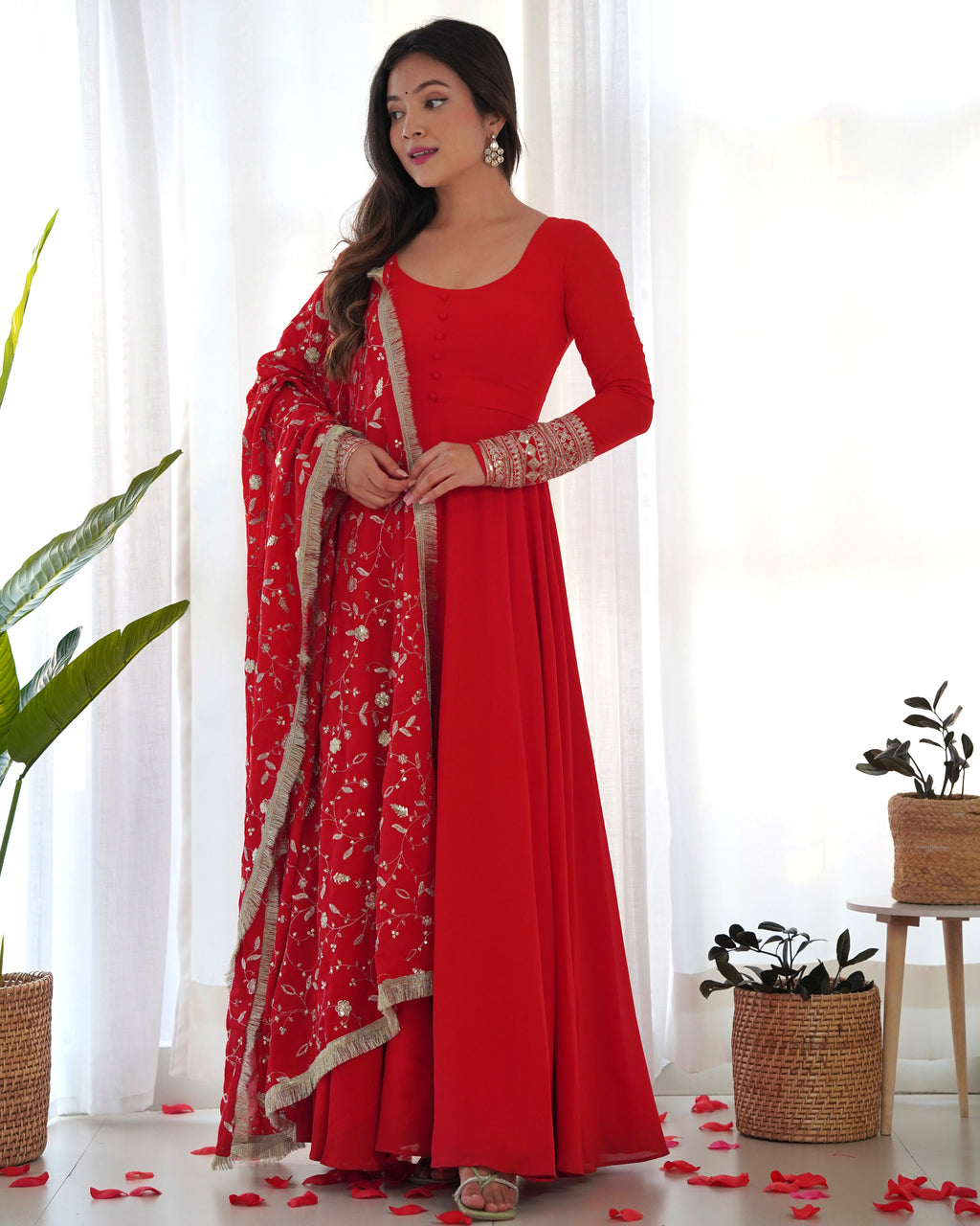 Lorenvalley Women Georgette Anarkali Gown Duppta Full Set With Pent Ready To Wear - Red | Grocsy