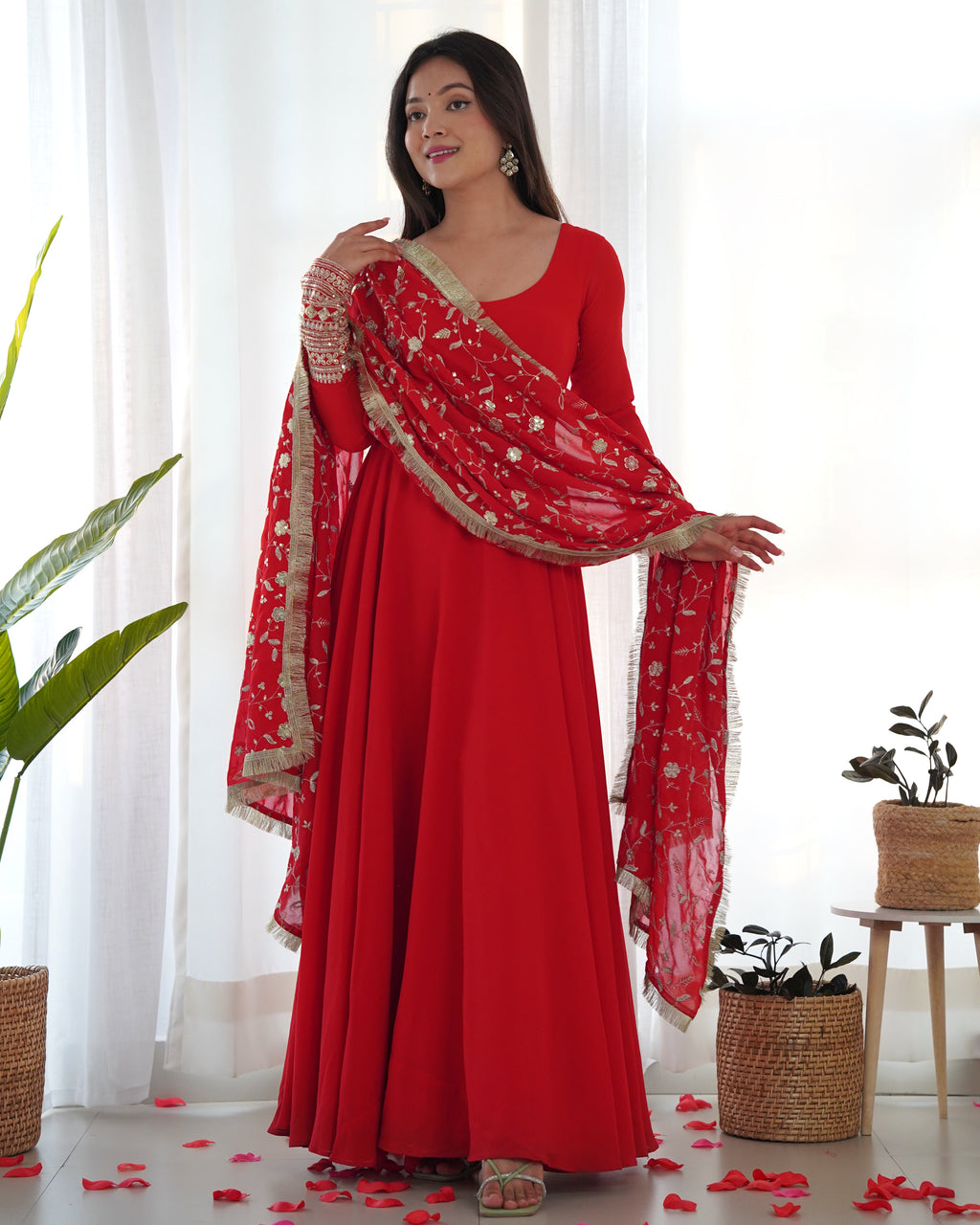 Lorenvalley Women Georgette Anarkali Gown Duppta Full Set With Pent Ready To Wear - Red | Grocsy