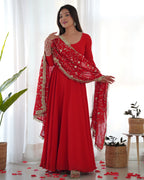 Lorenvalley Women Georgette Anarkali Gown Duppta Full Set With Pent Ready To Wear - Red | Grocsy