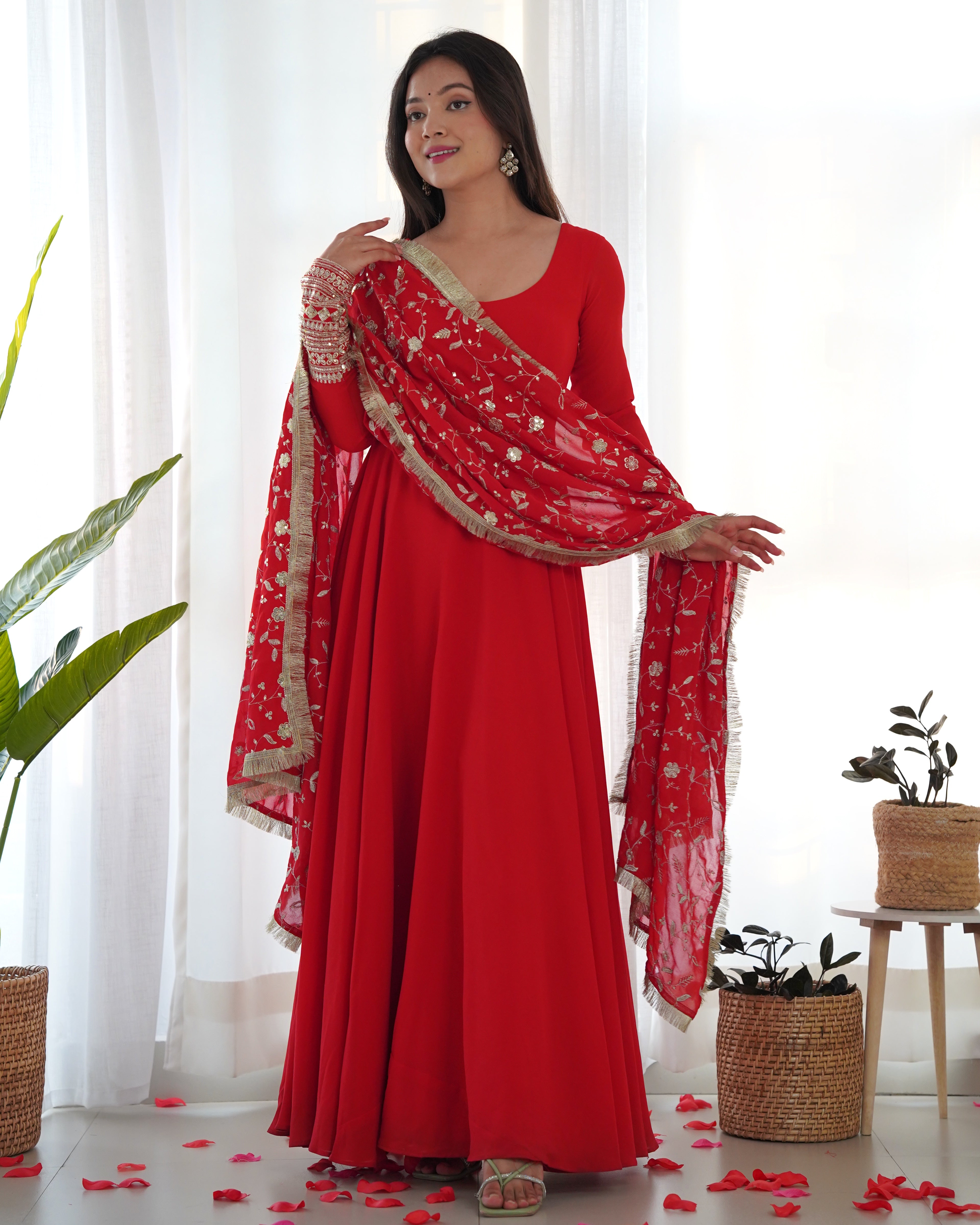 Lorenvalley Women Georgette Anarkali Gown Duppta Full Set With Pent Ready To Wear - Red | Grocsy