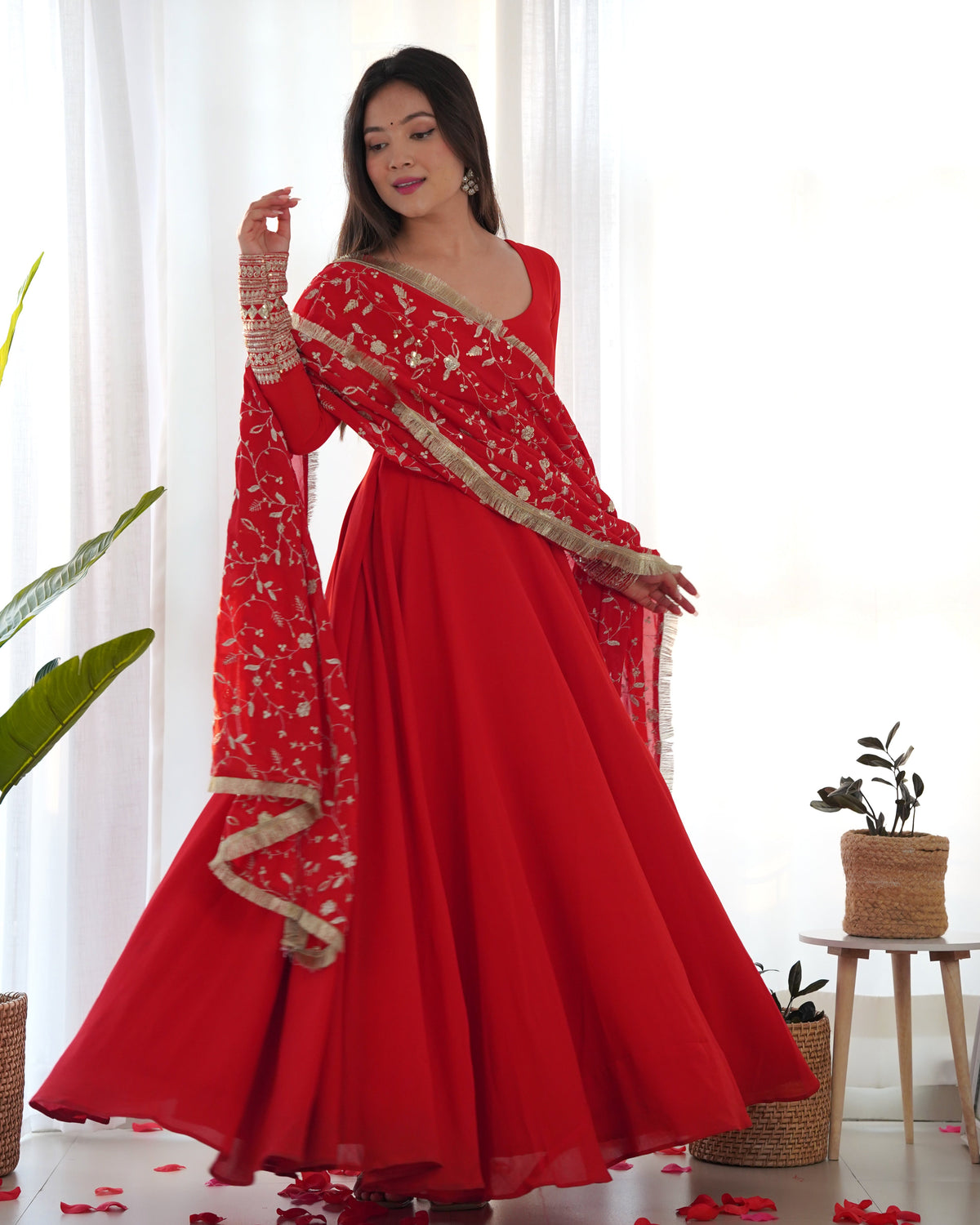 Lorenvalley Women Georgette Anarkali Gown Duppta Full Set With Pent Ready To Wear - Red | Grocsy