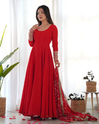 Lorenvalley Women Georgette Anarkali Gown Duppta Full Set With Pent Ready To Wear - Red | Grocsy