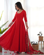 Lorenvalley Women Georgette Anarkali Gown Duppta Full Set With Pent Ready To Wear - Red | Grocsy