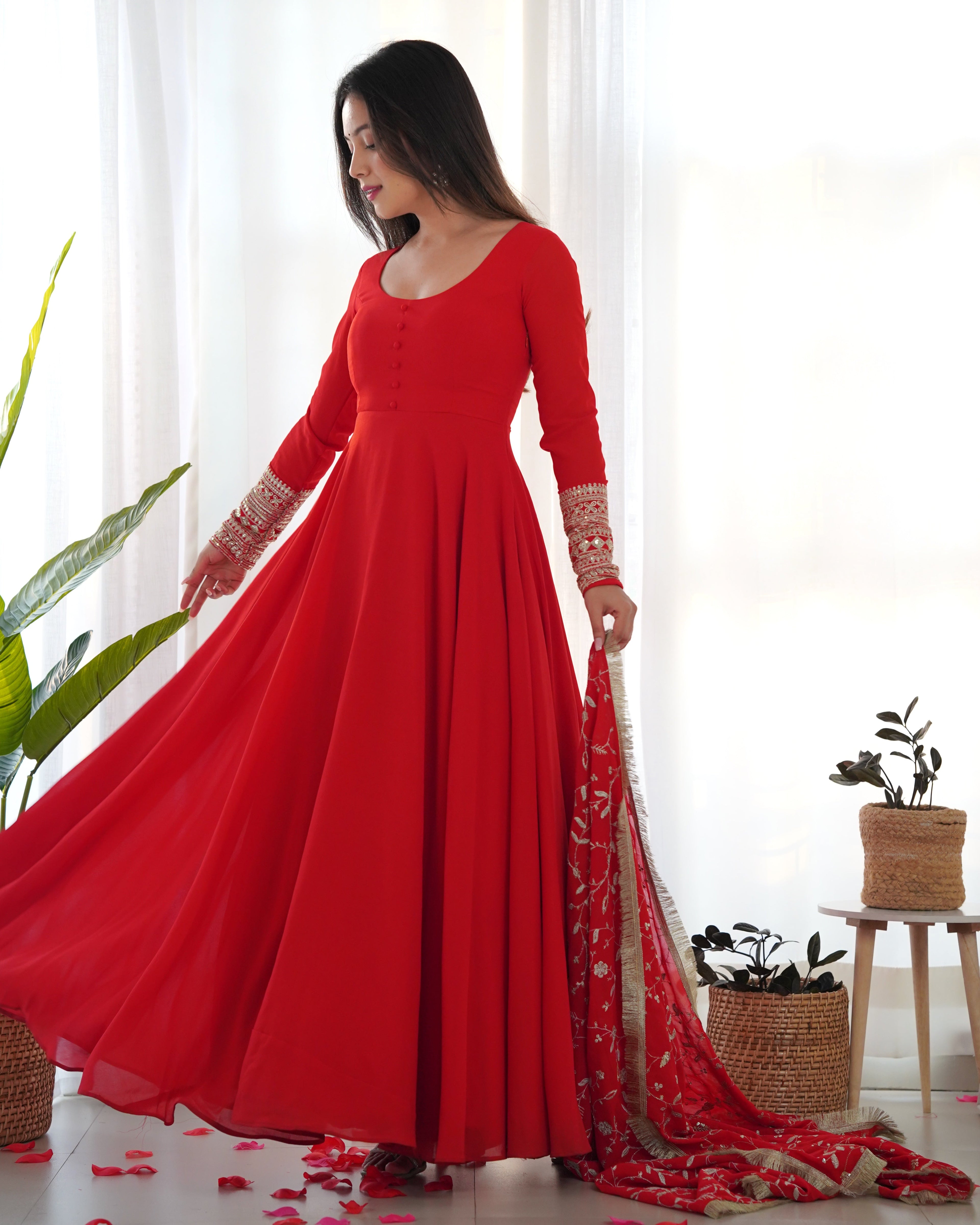 Lorenvalley Women Georgette Anarkali Gown Duppta Full Set With Pent Ready To Wear - Red | Grocsy