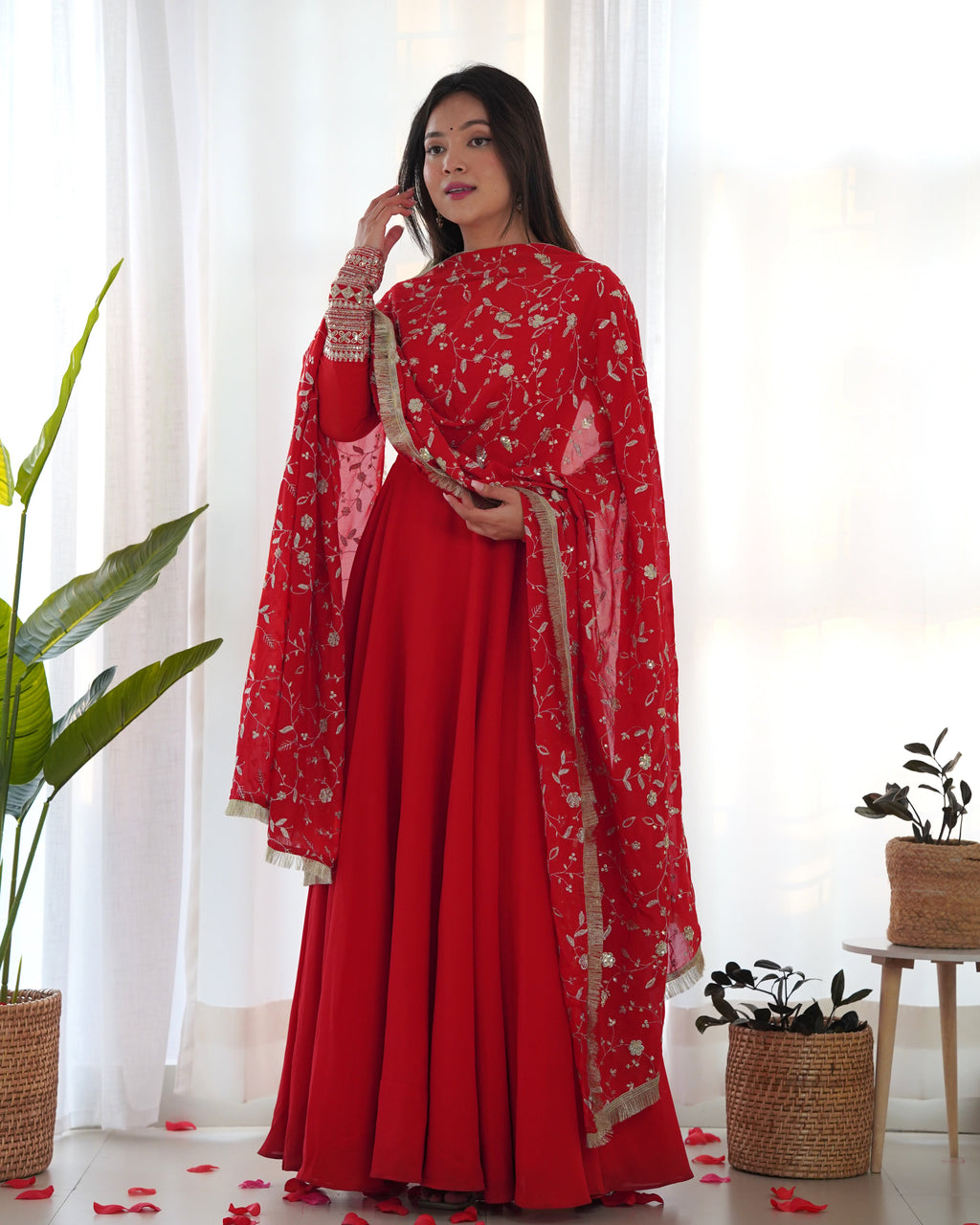 Lorenvalley Women Georgette Anarkali Gown Duppta Full Set With Pent Ready To Wear - Red | Grocsy