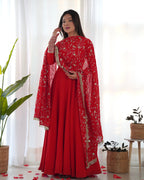 Lorenvalley Women Georgette Anarkali Gown Duppta Full Set With Pent Ready To Wear - Red | Grocsy