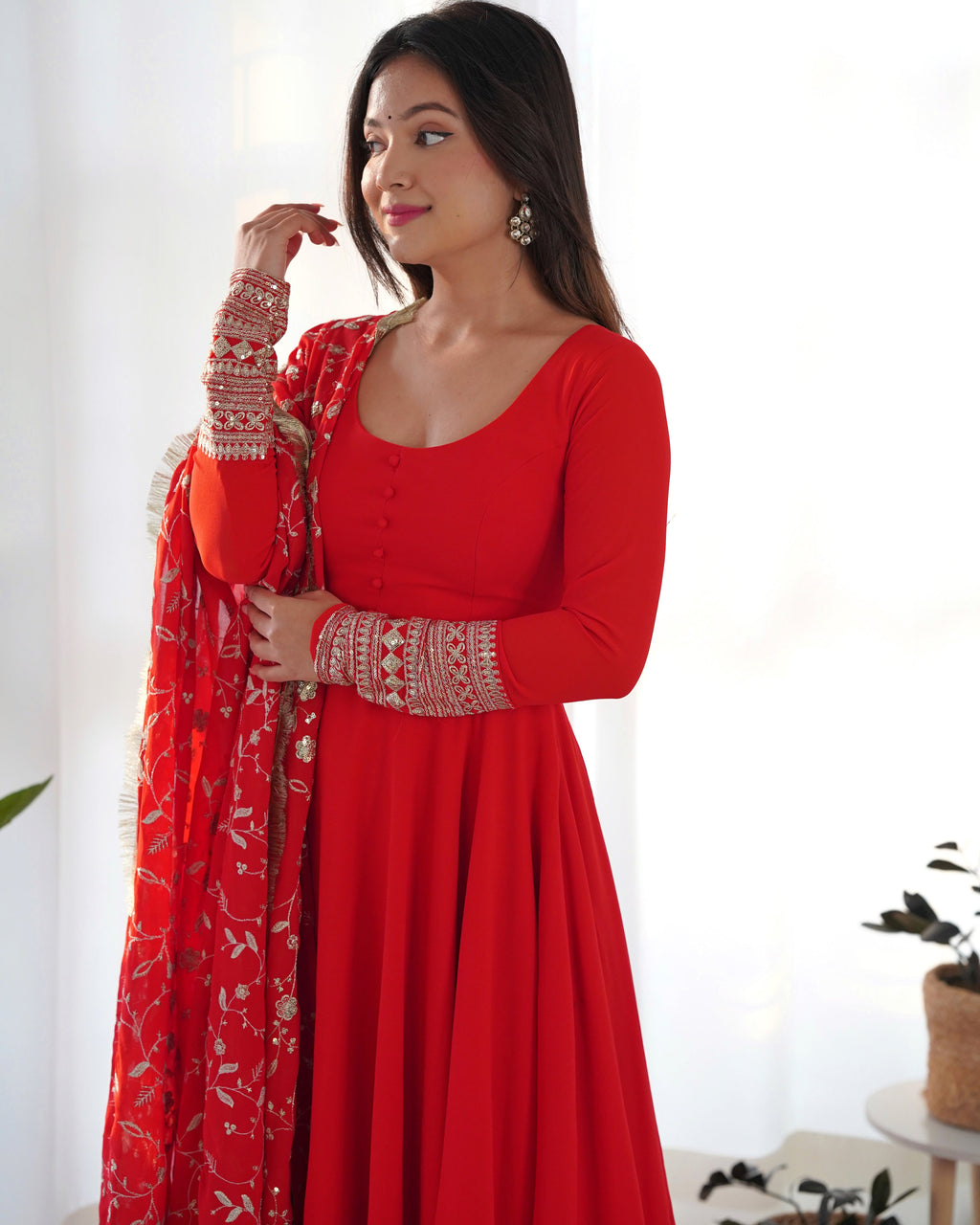 Lorenvalley Women Georgette Anarkali Gown Duppta Full Set With Pent Ready To Wear - Red | Grocsy
