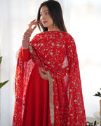 Lorenvalley Women Georgette Anarkali Gown Duppta Full Set With Pent Ready To Wear - Red | Grocsy