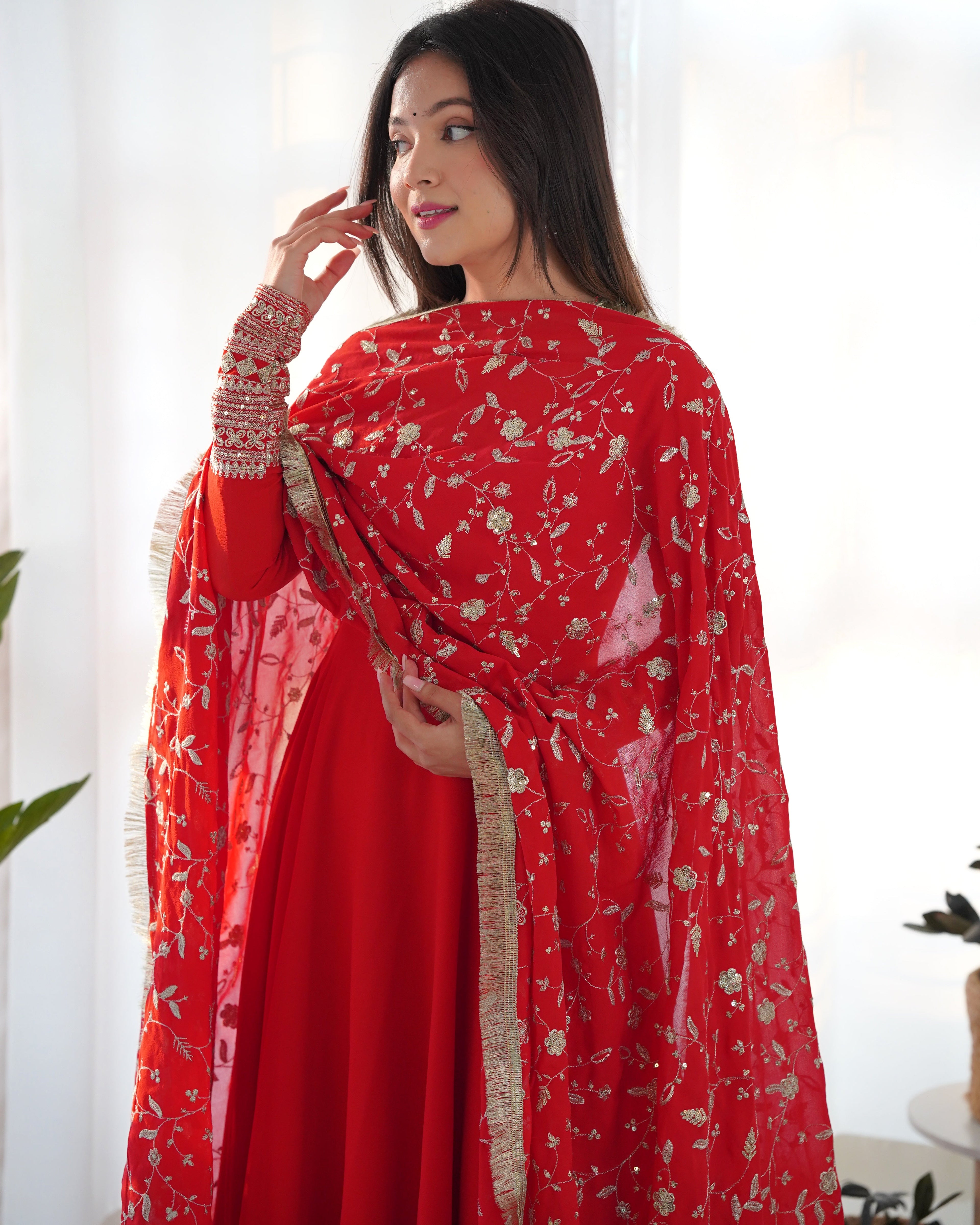 Lorenvalley Women Georgette Anarkali Gown Duppta Full Set With Pent Ready To Wear - Red | Grocsy
