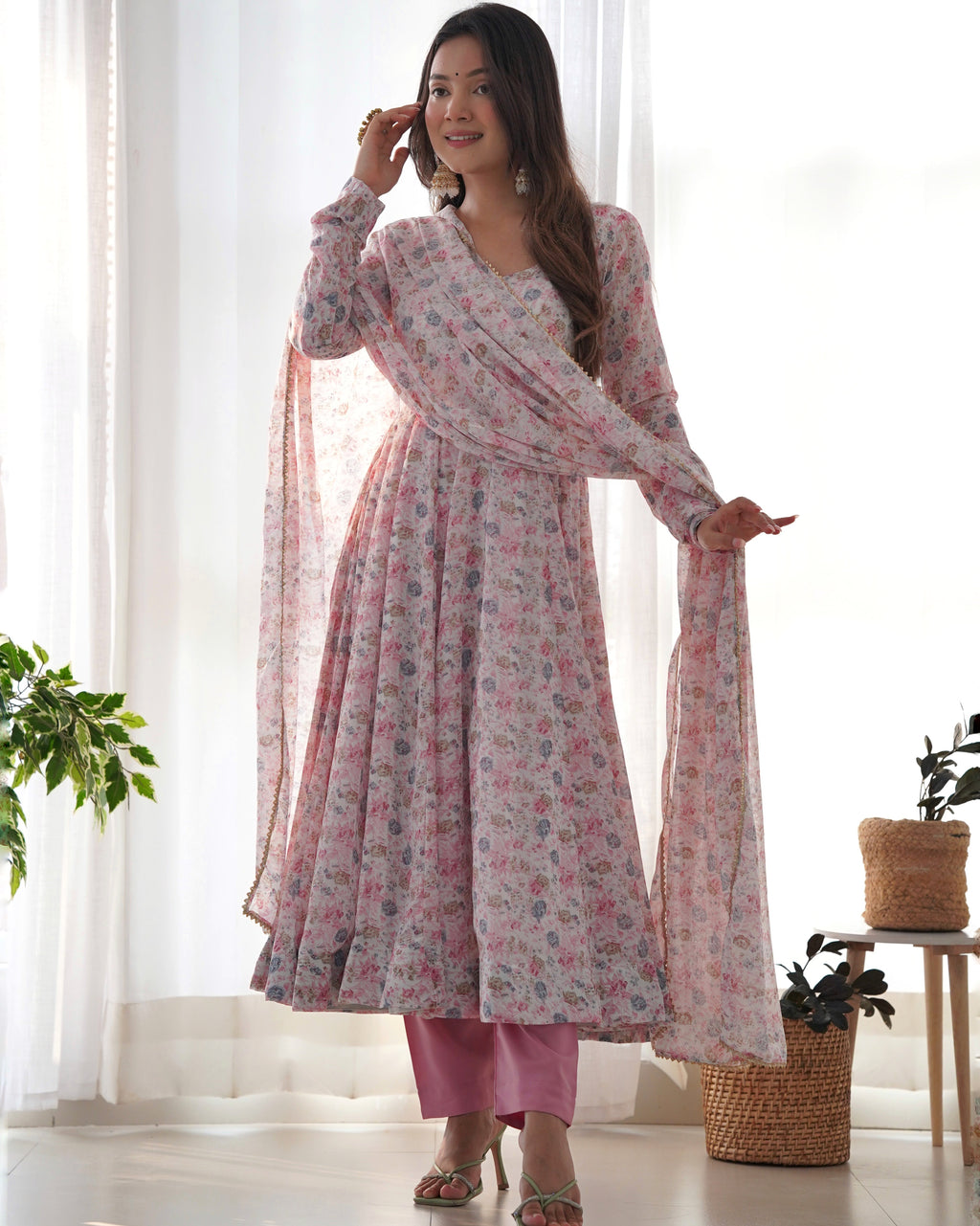 Lorenvalley Fashion Women Pure Orange Chiffon Floral Print Fully Flair Anarkali Kurta Pant With Dupatta Set - Pink | Grocsy