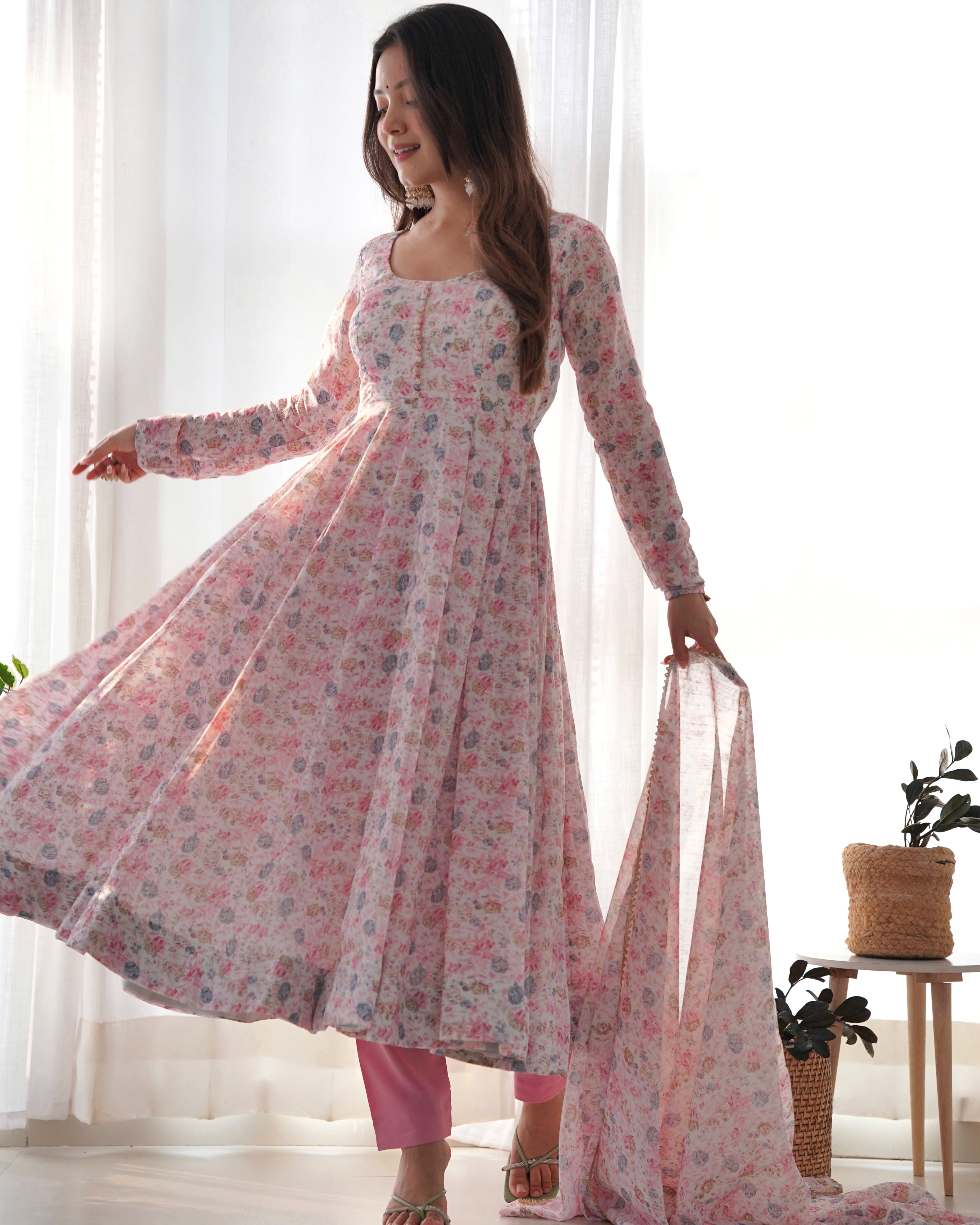 Lorenvalley Fashion Women Pure Orange Chiffon Floral Print Fully Flair Anarkali Kurta Pant With Dupatta Set - Pink | Grocsy