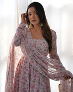 Lorenvalley Fashion Women Pure Orange Chiffon Floral Print Fully Flair Anarkali Kurta Pant With Dupatta Set - Pink | Grocsy