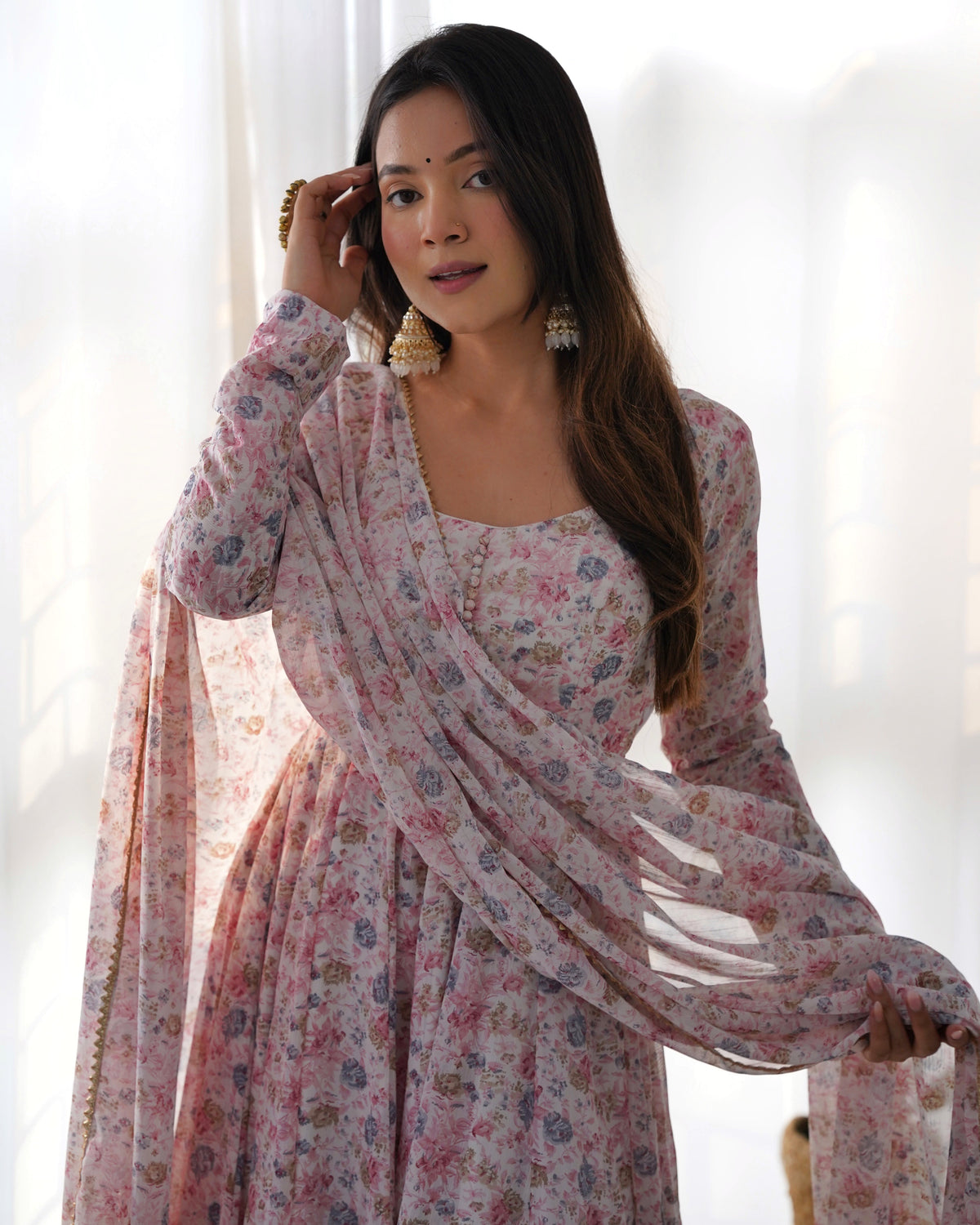 Lorenvalley Fashion Women Pure Orange Chiffon Floral Print Fully Flair Anarkali Kurta Pant With Dupatta Set - Pink | Grocsy