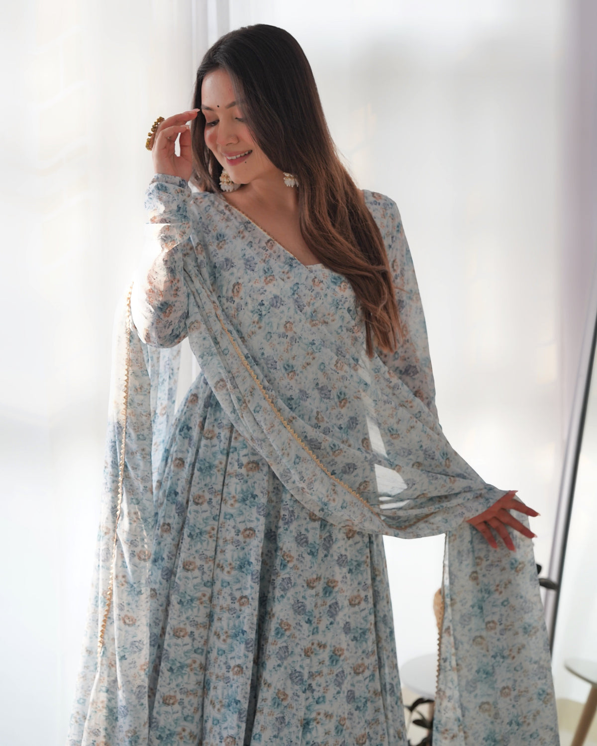 Lorenvalley Fashion Women Pure Orange Chiffon Floral Print Fully Flair Anarkali Kurta Pant With Dupatta Set - Skyblue | Grocsy