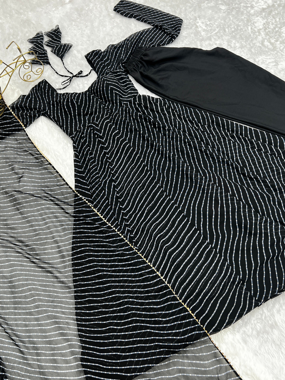 Lorenvalley Fashion Women Pure Soft Faux Georgette Laheriya Print Fully Flair Anarkali Kurta Pant With Dupatta Set - Black | Grocsy