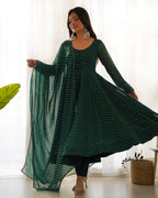 Lorenvalley Fashion Women Pure Soft Faux Georgette Laheriya Print Fully Flair Anarkali Kurta Pant With Dupatta Set - Green | Grocsy