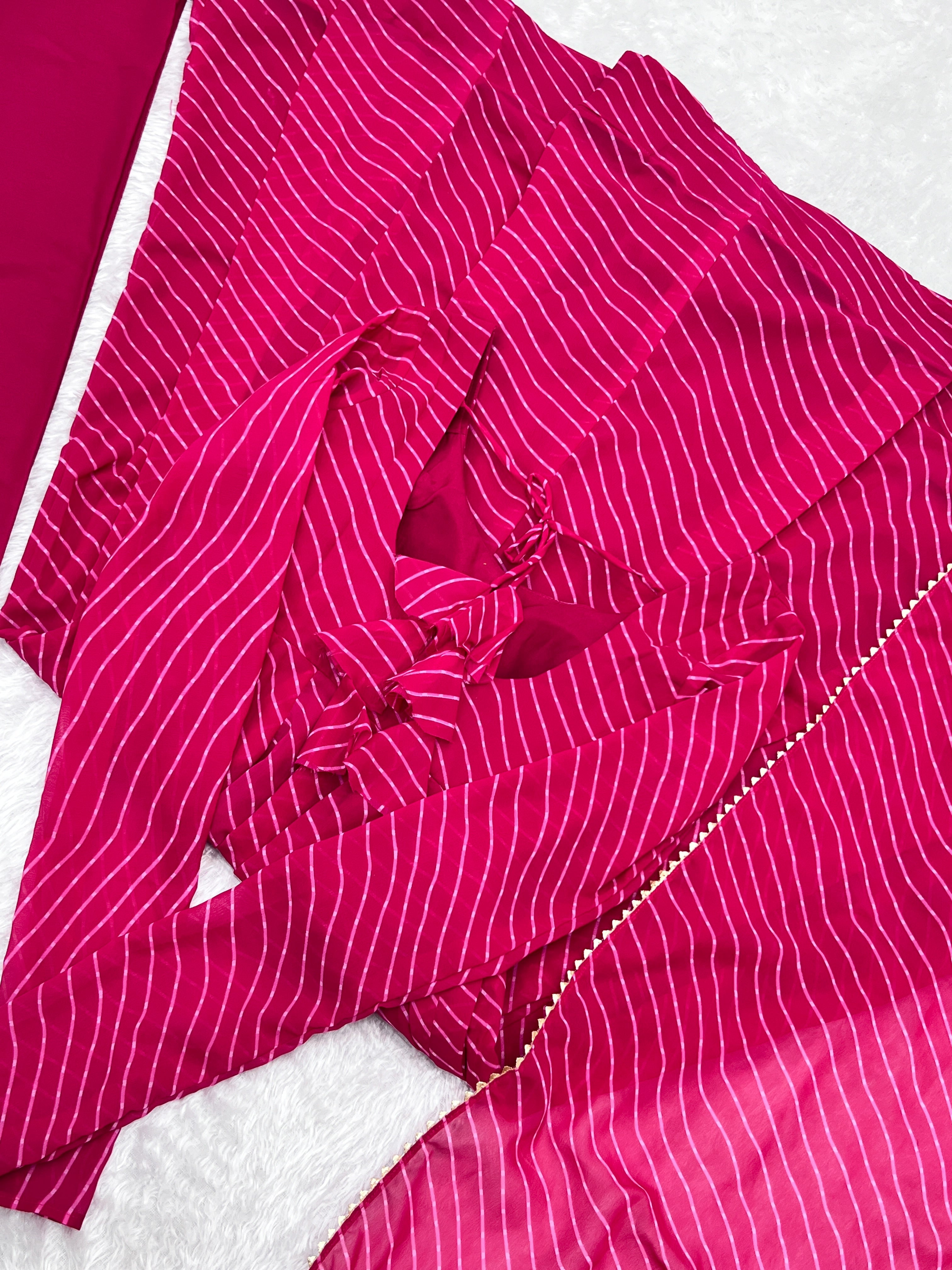 Lorenvalley Fashion Women Pure Soft Faux Georgette Laheriya Print Fully Flair Anarkali Kurta Pant With Dupatta Set - Magenta | Grocsy