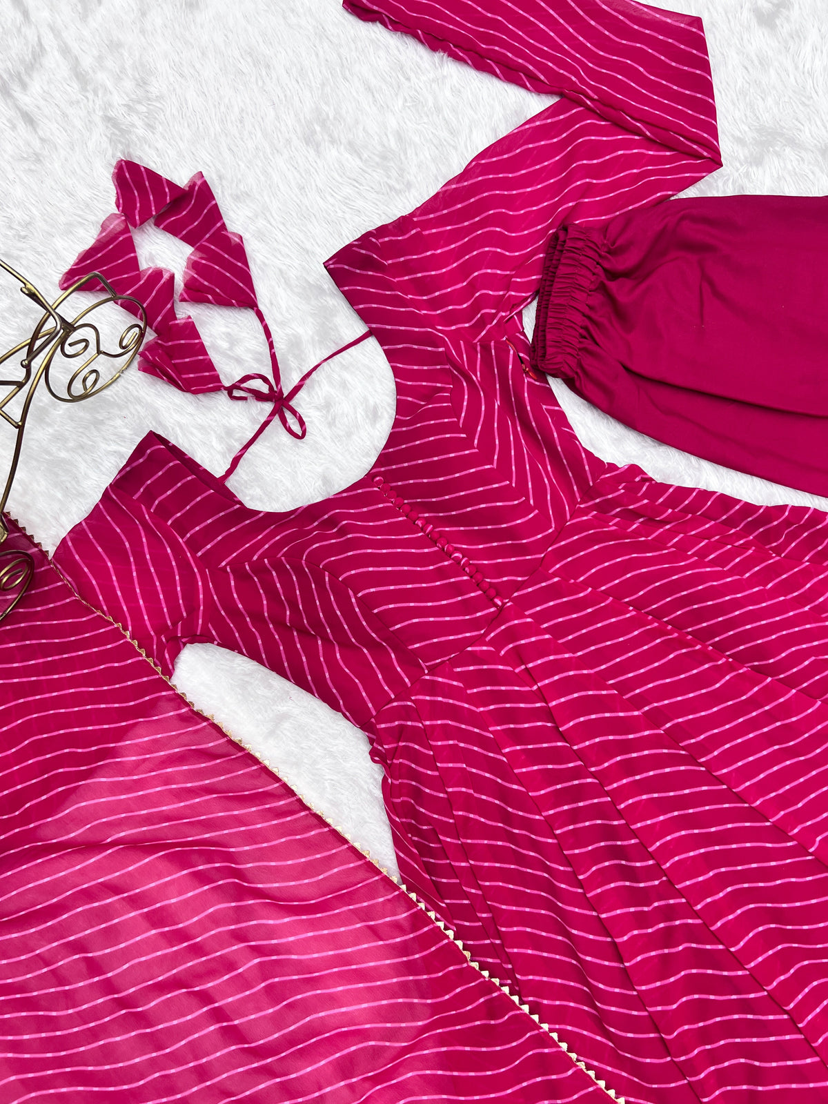 Lorenvalley Fashion Women Pure Soft Faux Georgette Laheriya Print Fully Flair Anarkali Kurta Pant With Dupatta Set - Magenta | Grocsy