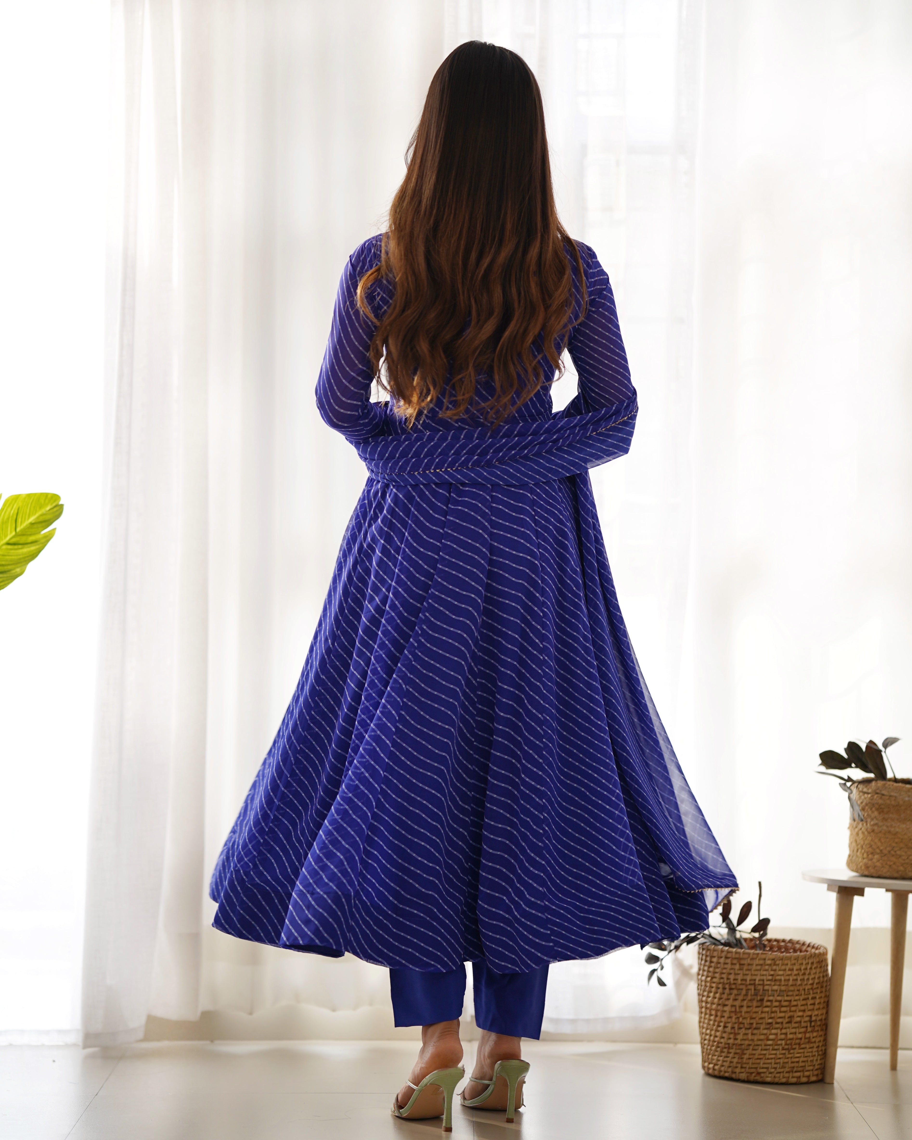Lorenvalley Fashion Women Pure Soft Faux Georgette Laheriya Print Fully Flair Anarkali Kurta Pant With Dupatta Set - Blue | Grocsy