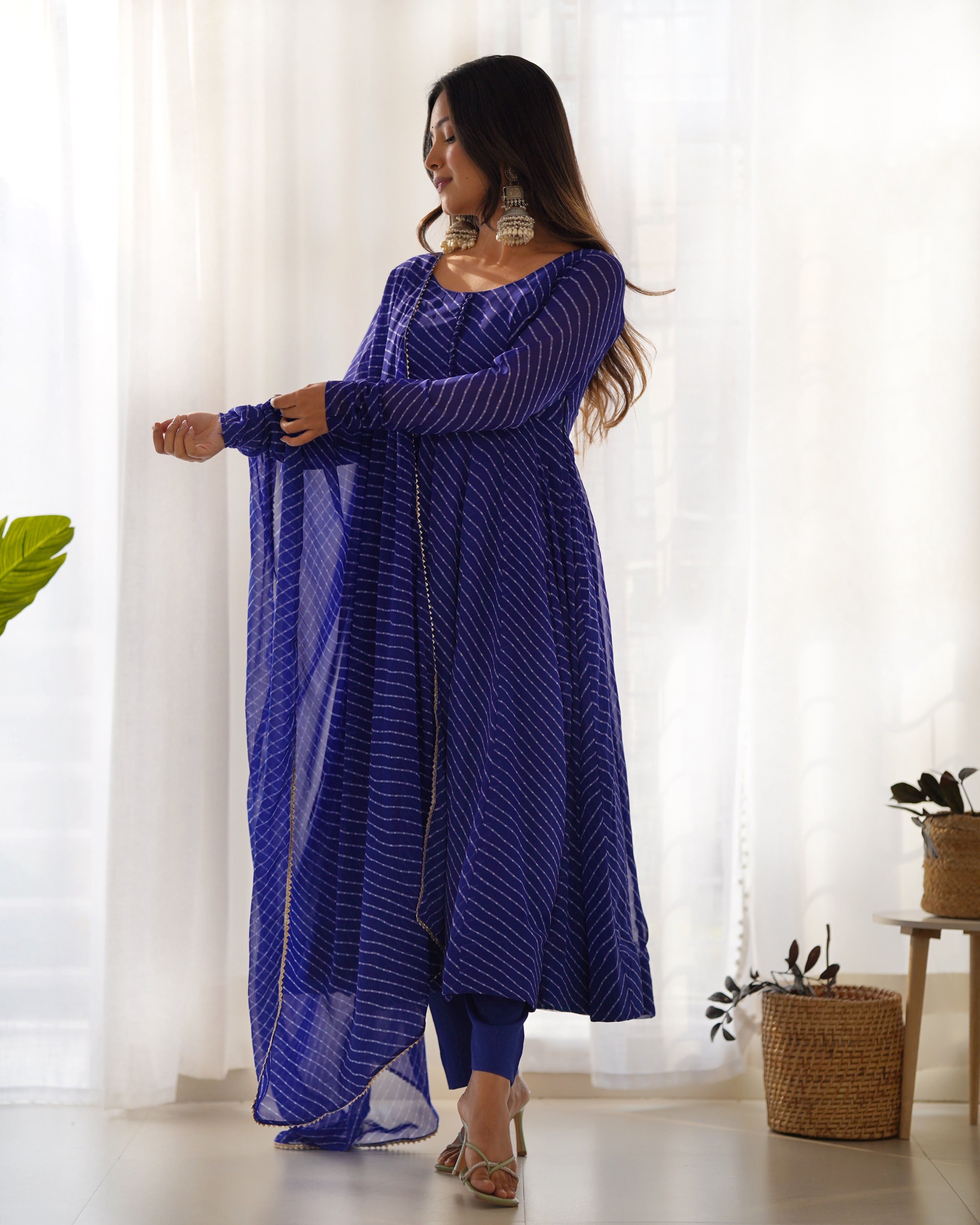 Lorenvalley Fashion Women Pure Soft Faux Georgette Laheriya Print Fully Flair Anarkali Kurta Pant With Dupatta Set - Blue | Grocsy