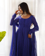 Lorenvalley Fashion Women Pure Soft Faux Georgette Laheriya Print Fully Flair Anarkali Kurta Pant With Dupatta Set - Blue | Grocsy
