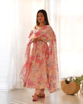 Lorenvalley Fashion Women Pure Soft Faux Georgette Floral Print Fully Flair Anarkali Kurta Pant With Dupatta Set - Peach | Grocsy
