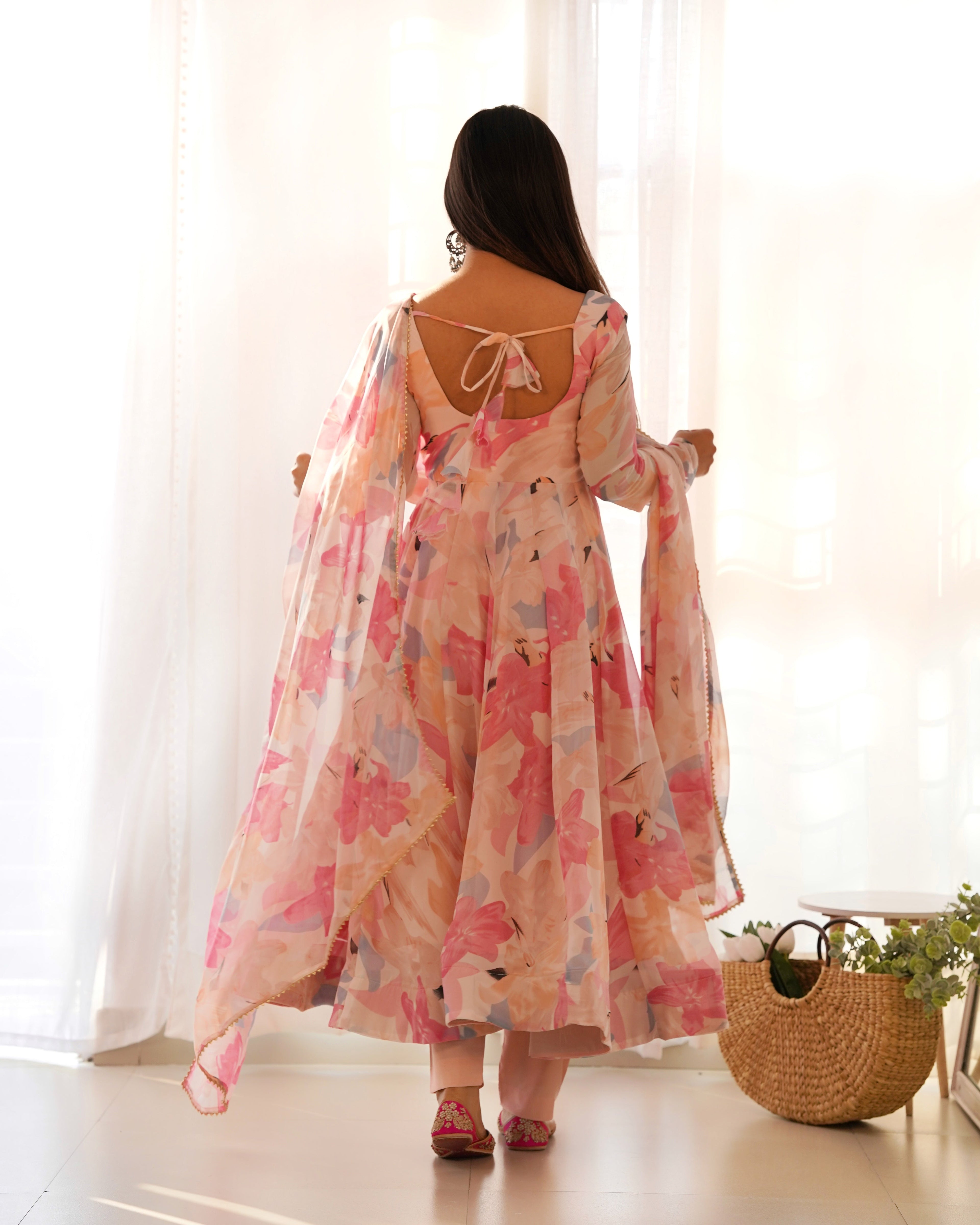 Lorenvalley Fashion Women Pure Soft Faux Georgette Floral Print Fully Flair Anarkali Kurta Pant With Dupatta Set - Peach | Grocsy