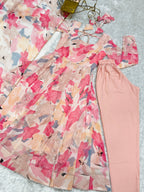 Lorenvalley Fashion Women Pure Soft Faux Georgette Floral Print Fully Flair Anarkali Kurta Pant With Dupatta Set - Peach | Grocsy