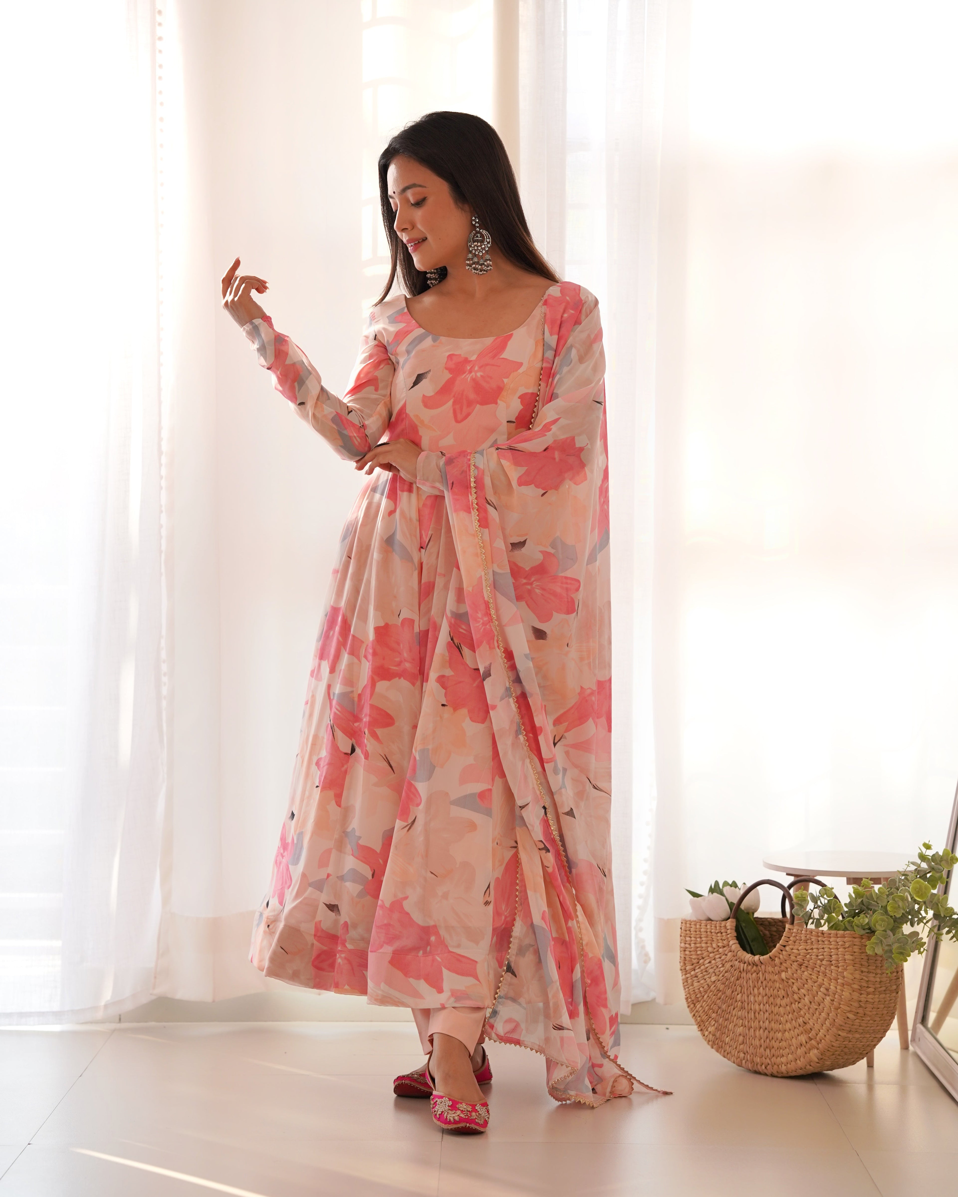 Lorenvalley Fashion Women Pure Soft Faux Georgette Floral Print Fully Flair Anarkali Kurta Pant With Dupatta Set - Peach | Grocsy