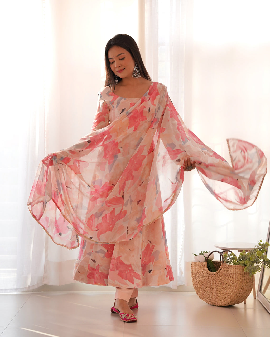 Lorenvalley Fashion Women Pure Soft Faux Georgette Floral Print Fully Flair Anarkali Kurta Pant With Dupatta Set - Peach | Grocsy