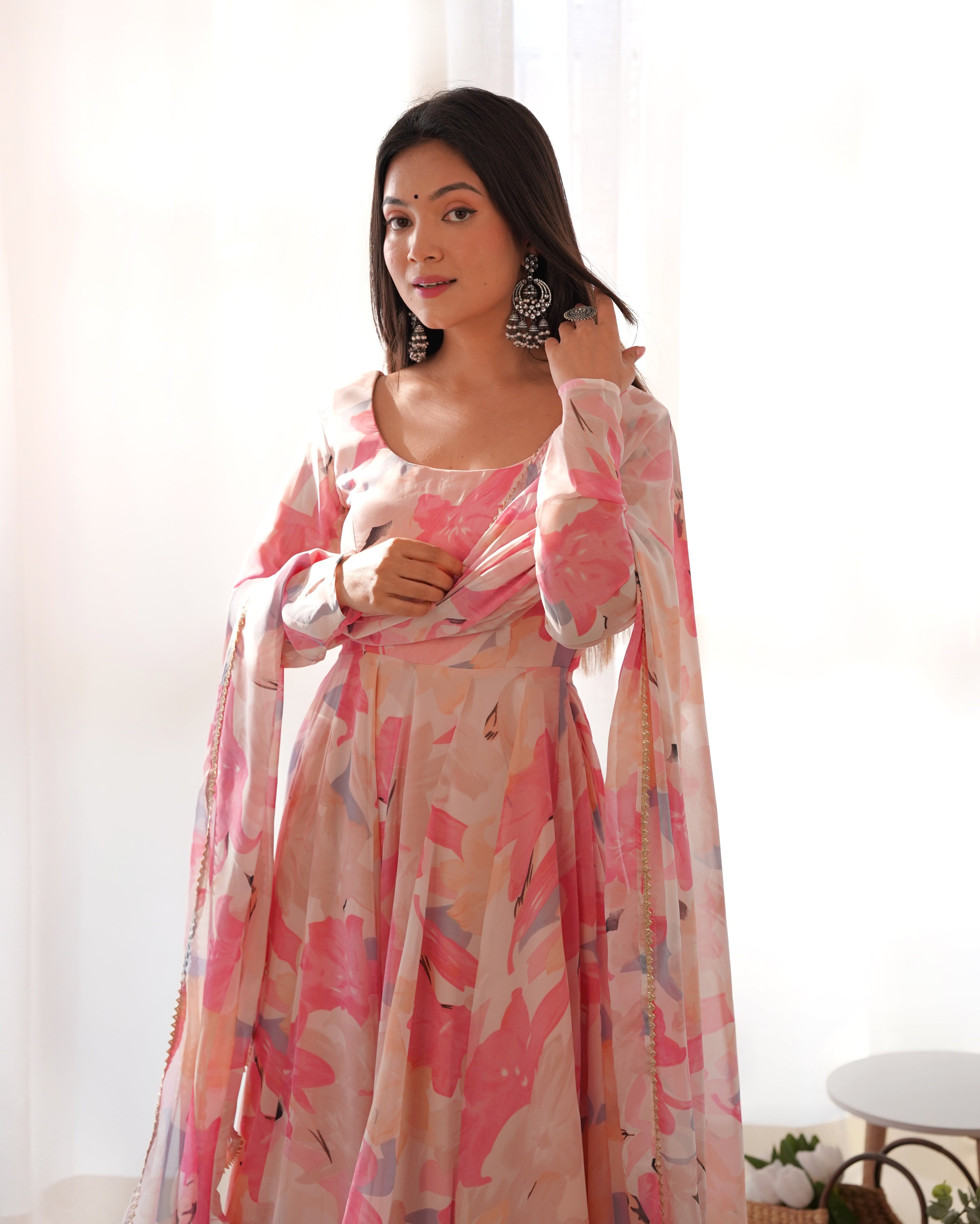 Lorenvalley Fashion Women Pure Soft Faux Georgette Floral Print Fully Flair Anarkali Kurta Pant With Dupatta Set - Peach | Grocsy