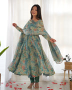 Lorenvalley Fashion Women Pure Organza Print Fully Flair Anarkali Kurta Pant With Dupatta Set - Multicolor | Grocsy